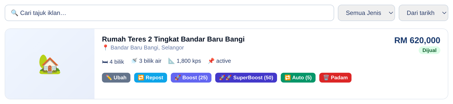 Halaman Semua Iklan Saya dengan carian dan butang promosi