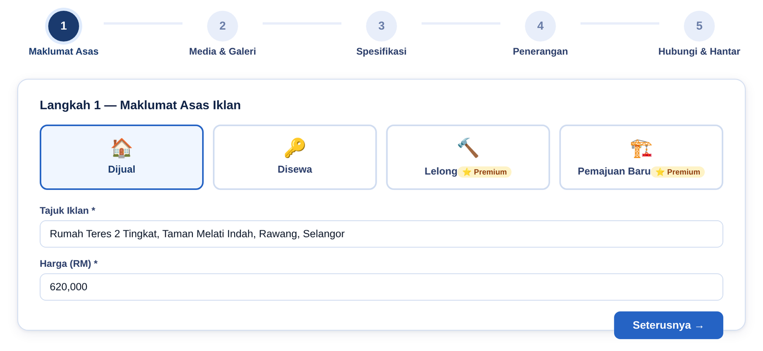 Wizard 5 langkah senarai iklan — Langkah 1 Maklumat Asas
