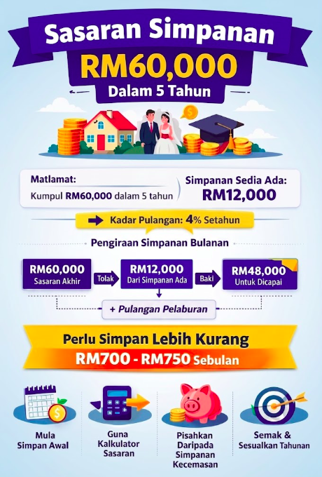 Nak Kumpul RM60,000 Dalam 5 Tahun? Kira Berapa Perlu Simpan Setiap Bulan